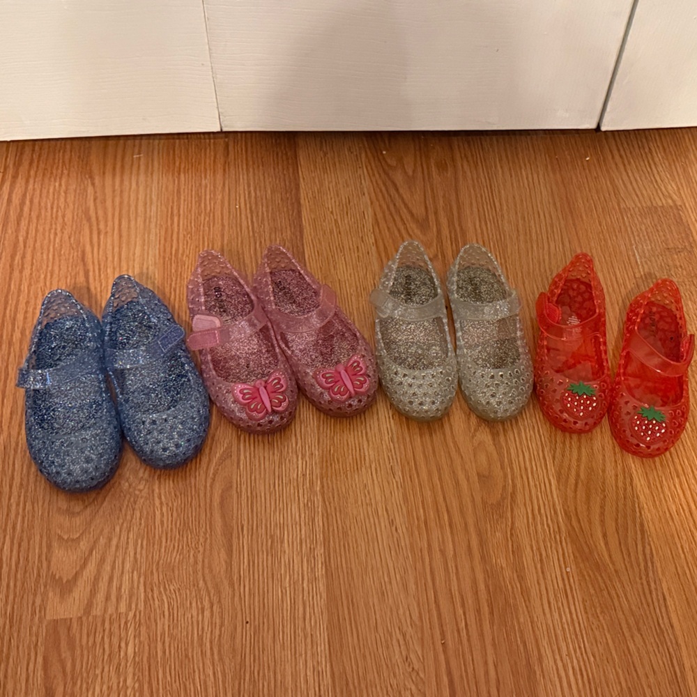 Size 8- 4 Pairs Kids Glitter Jelly Mary Jane Shoes - Blue, Pink, Silver, Red